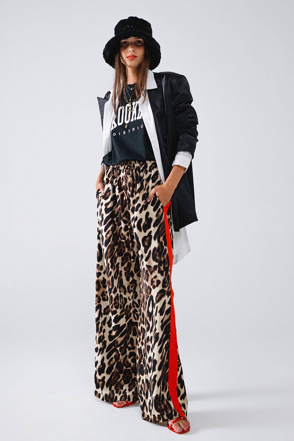 Leopard Straight Pants With Red Stripes Down The Sides: Brown / Small