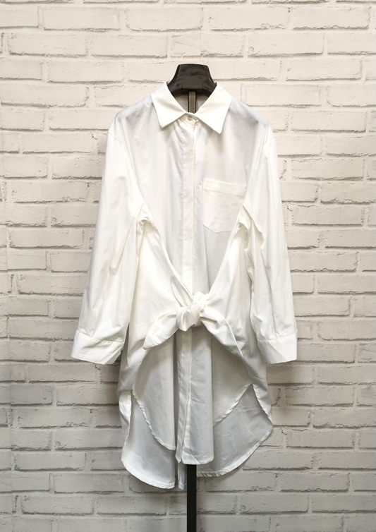 White Tie Front Long Cotton Shirt