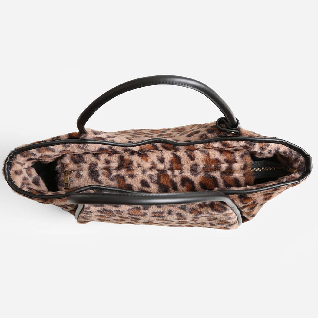 Leopard Pattern Faux Fur Shoulder Tote Bag