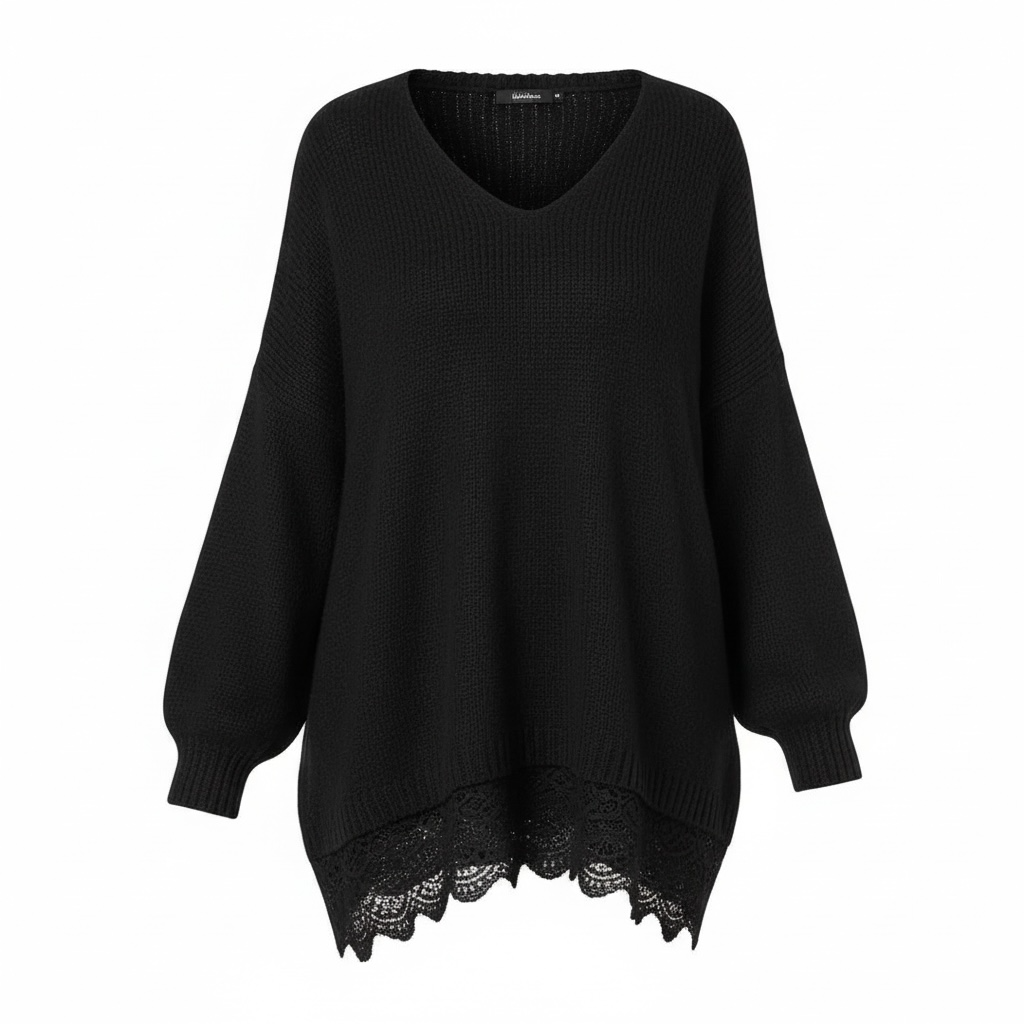 Black Chunky Knit Jumper with Lace Trim