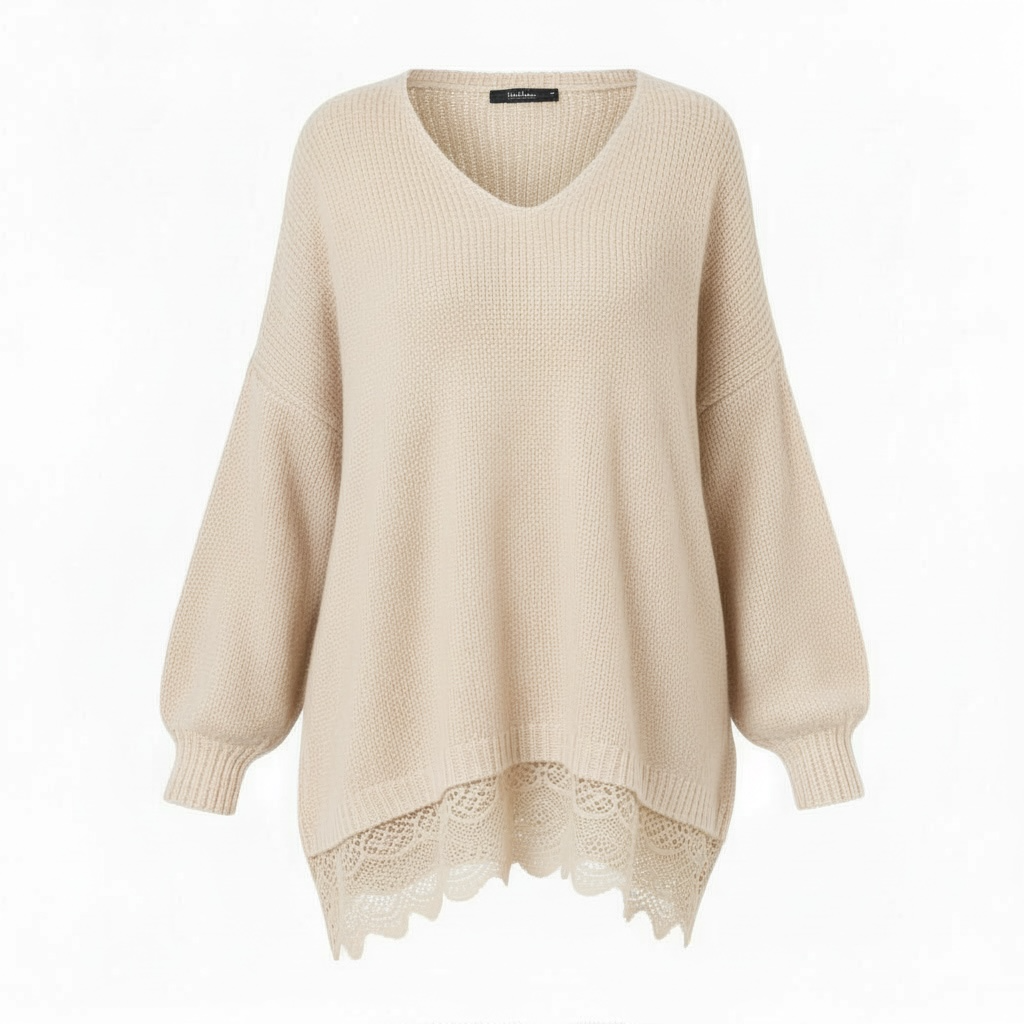 Cream Chunky Knit Jumper with Lace Trim