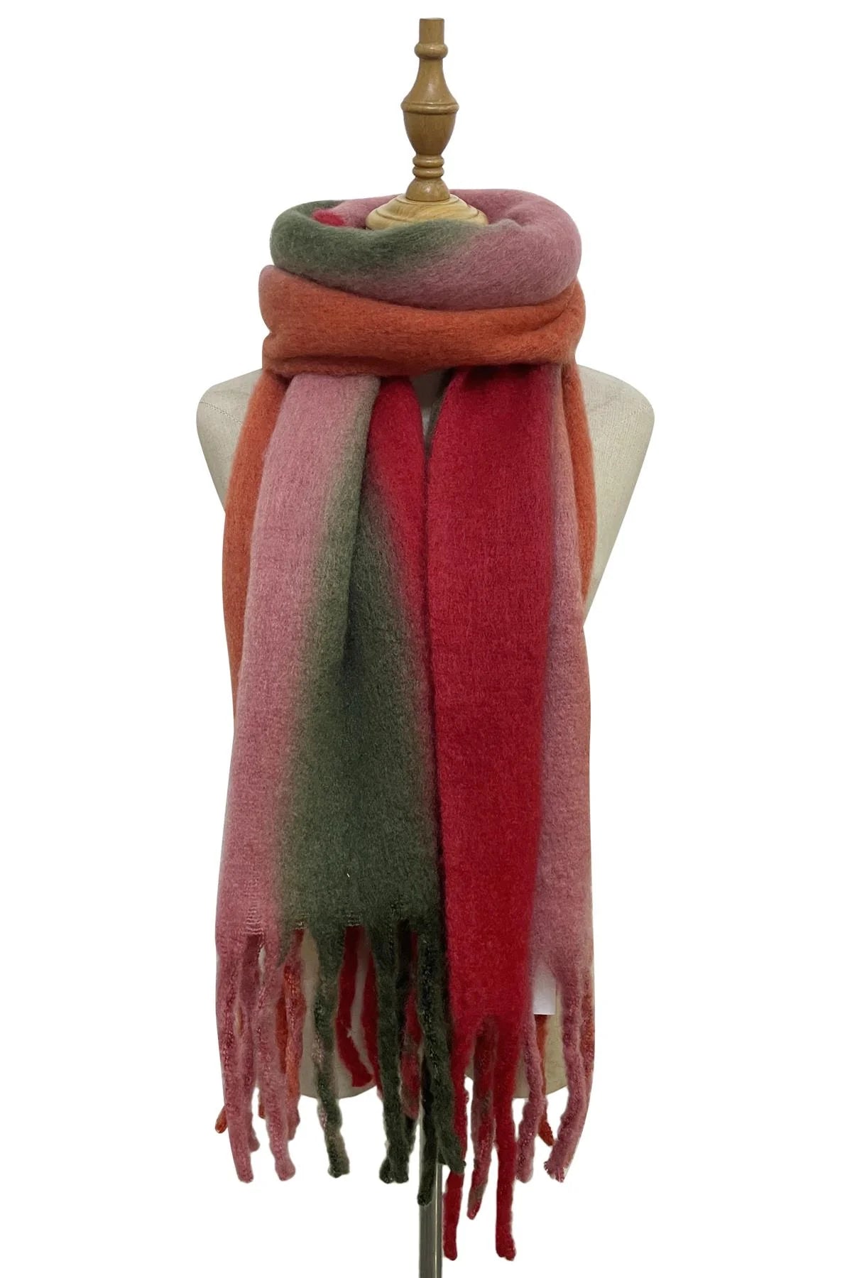 Pink/Green/Red Hand Dyed Multi Stripe Tassel Blanket Scarf