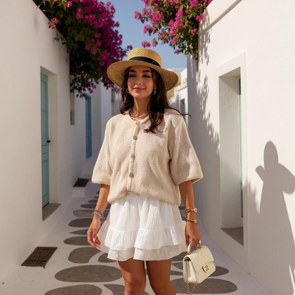 Cropped Sleeve Beige Cardigan