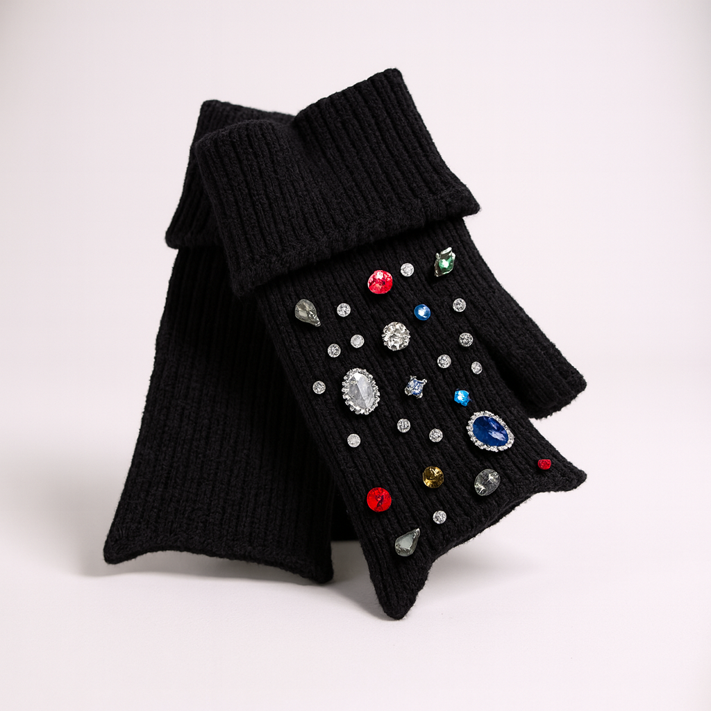 Black Multi Coloured Jewel Fingerless Gloves