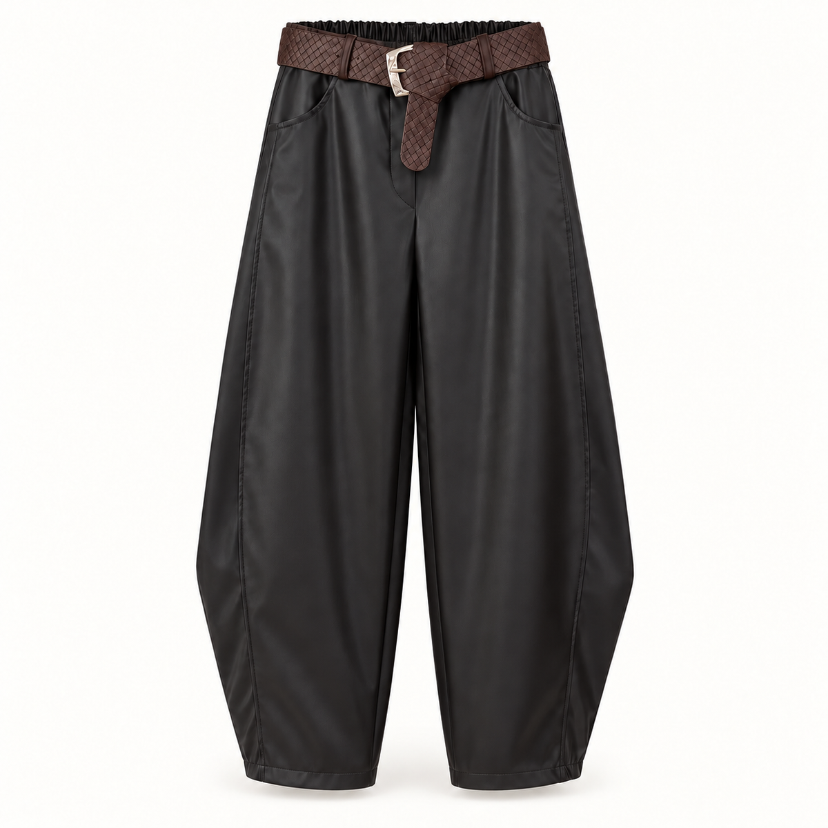 Black Faux Leather Cocoon Trousers With Belt