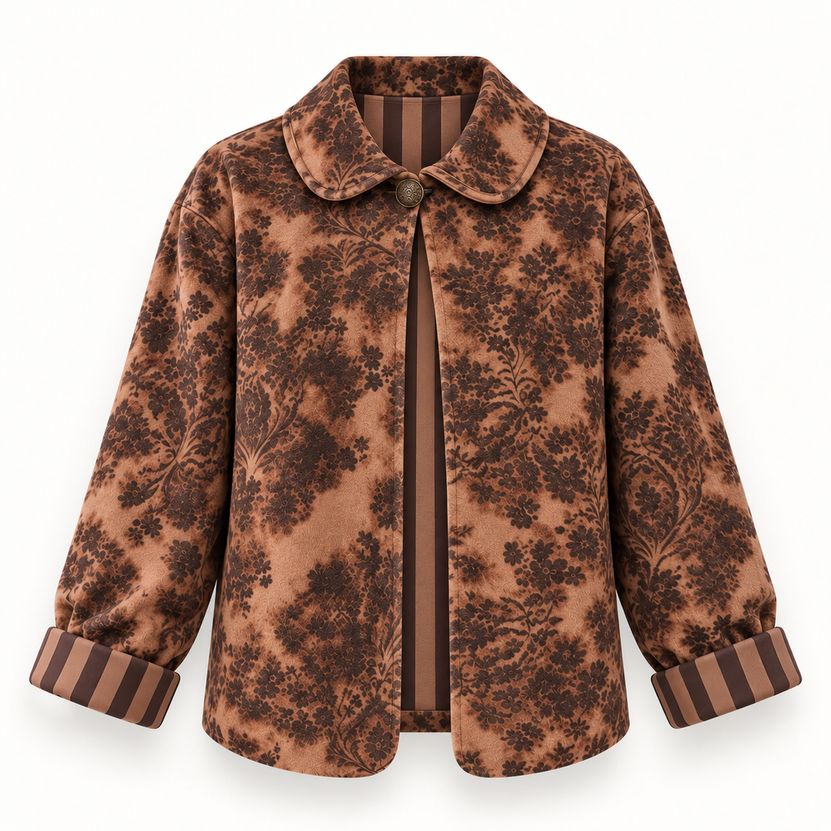 Brown Floral Velvet Jacket with Stripe Sleeve