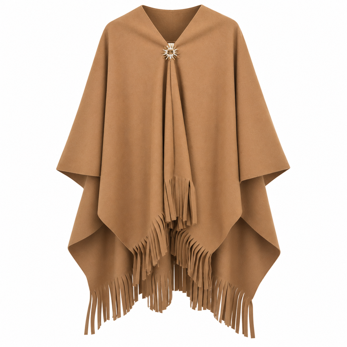 Camel Long Cape with Gold Broach