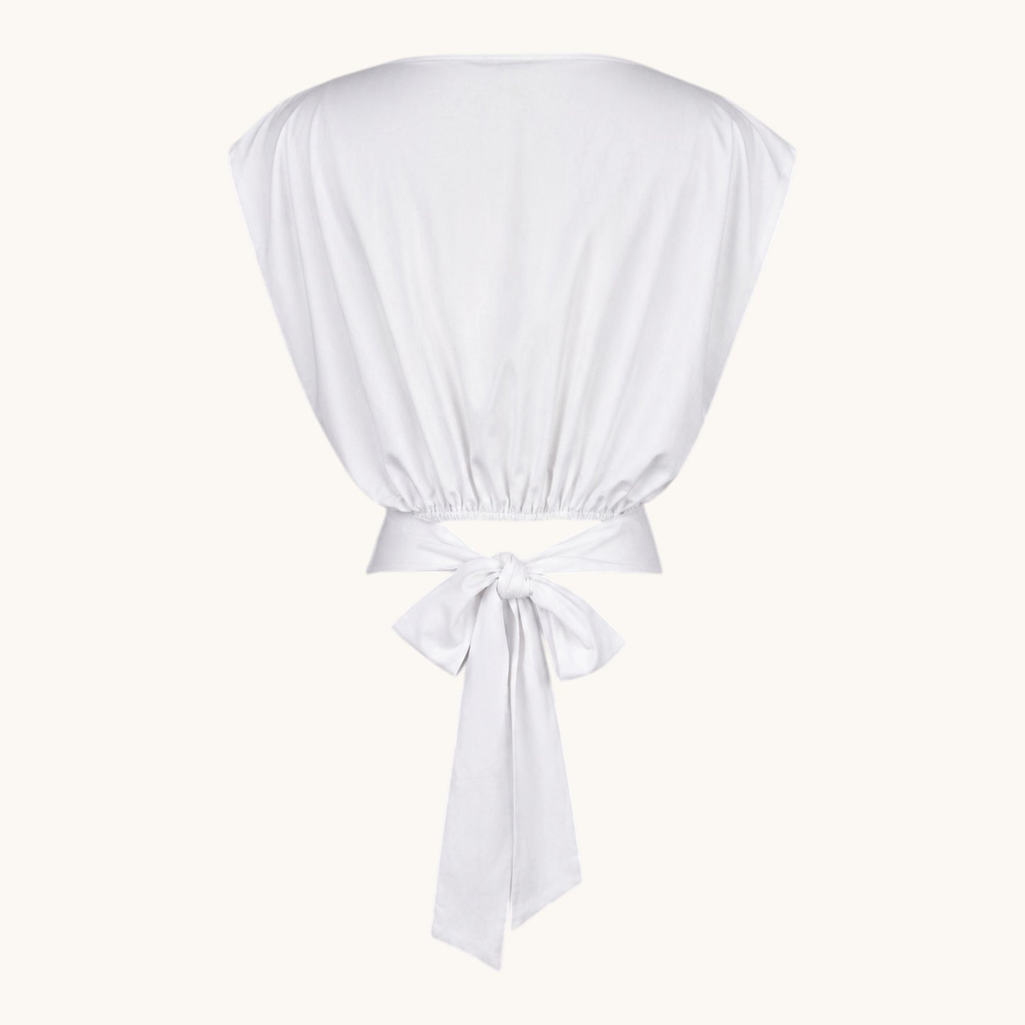 Feather & Sole white polyester-elastane t-shirt with tie-back detail and pleated shoulders.