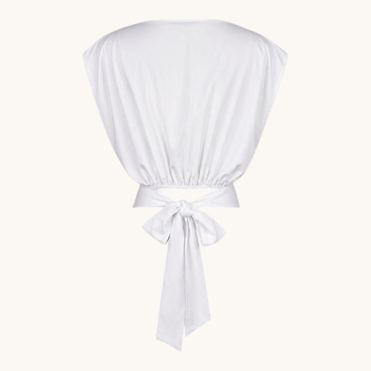 Feather & Sole white polyester-elastane t-shirt with tie-back detail and pleated shoulders.