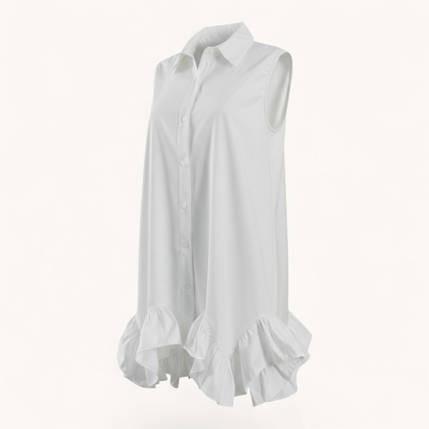 White sleeveless blouse with ruffled details on a white background