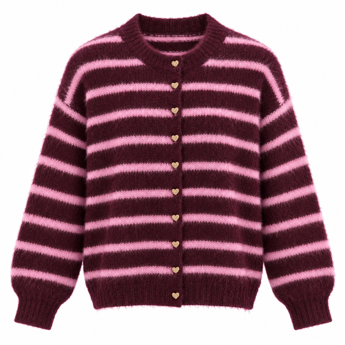 Burgundy/Pink Stripe Cardi with Gold Heart Buttons