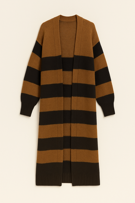 Long brown and black striped cardigan on a beige background