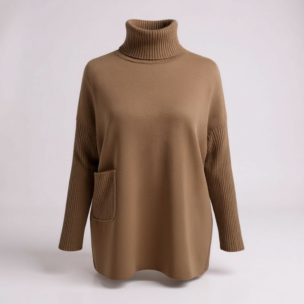 Camel Ribbed Sleeve Roll Neck Jumper