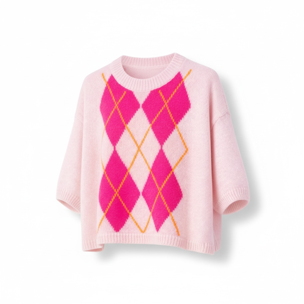 Pink Argyle Short Sleeve Mohair Jumper