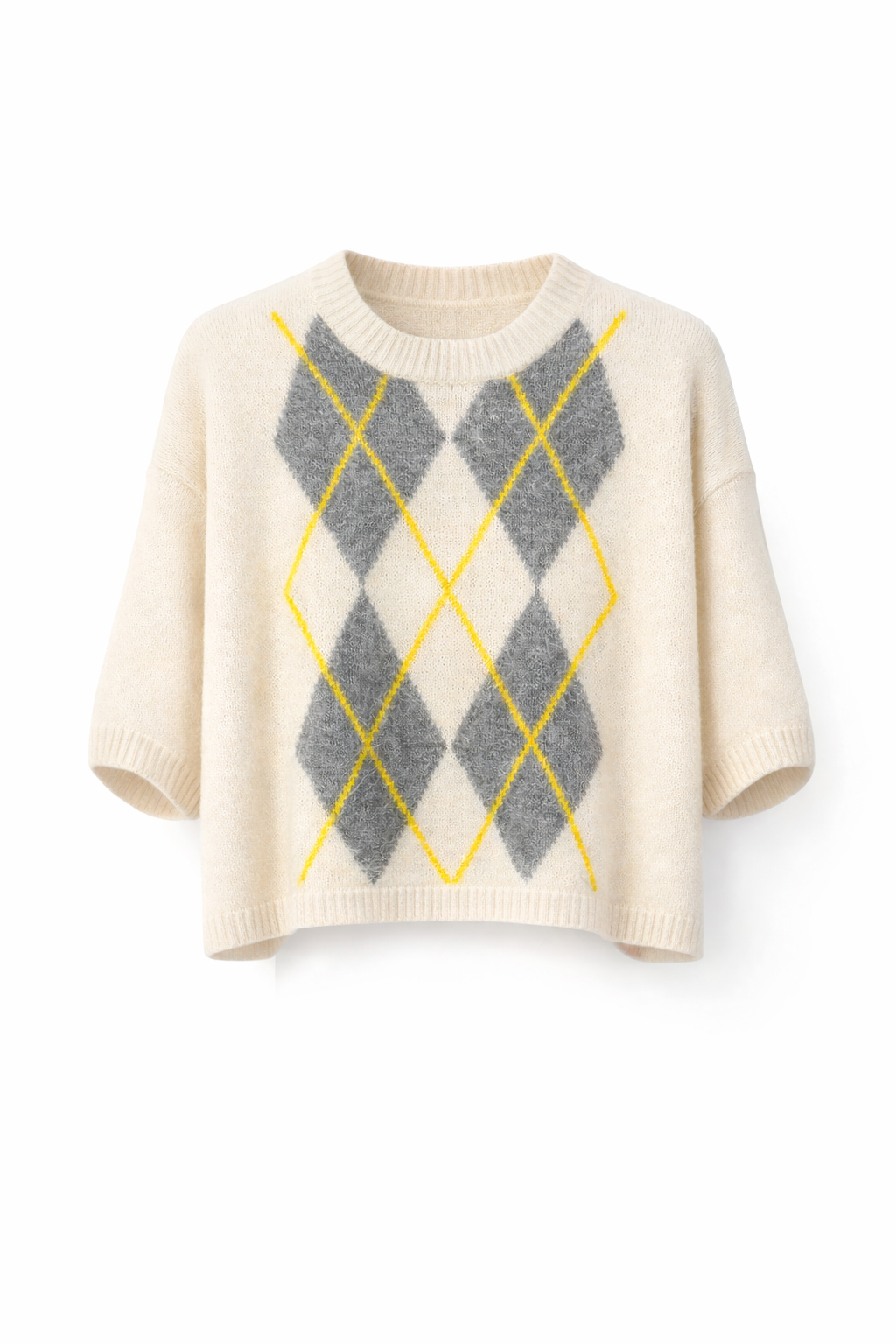 Cream Argyle Short Sleeve Mohair Jumper