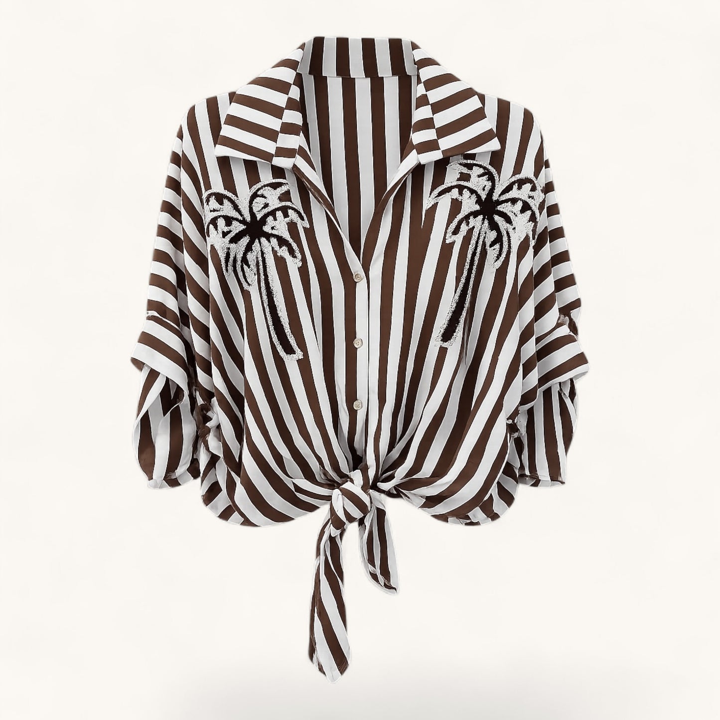 Brown Stripe Embroidered Palm Tree Shirt