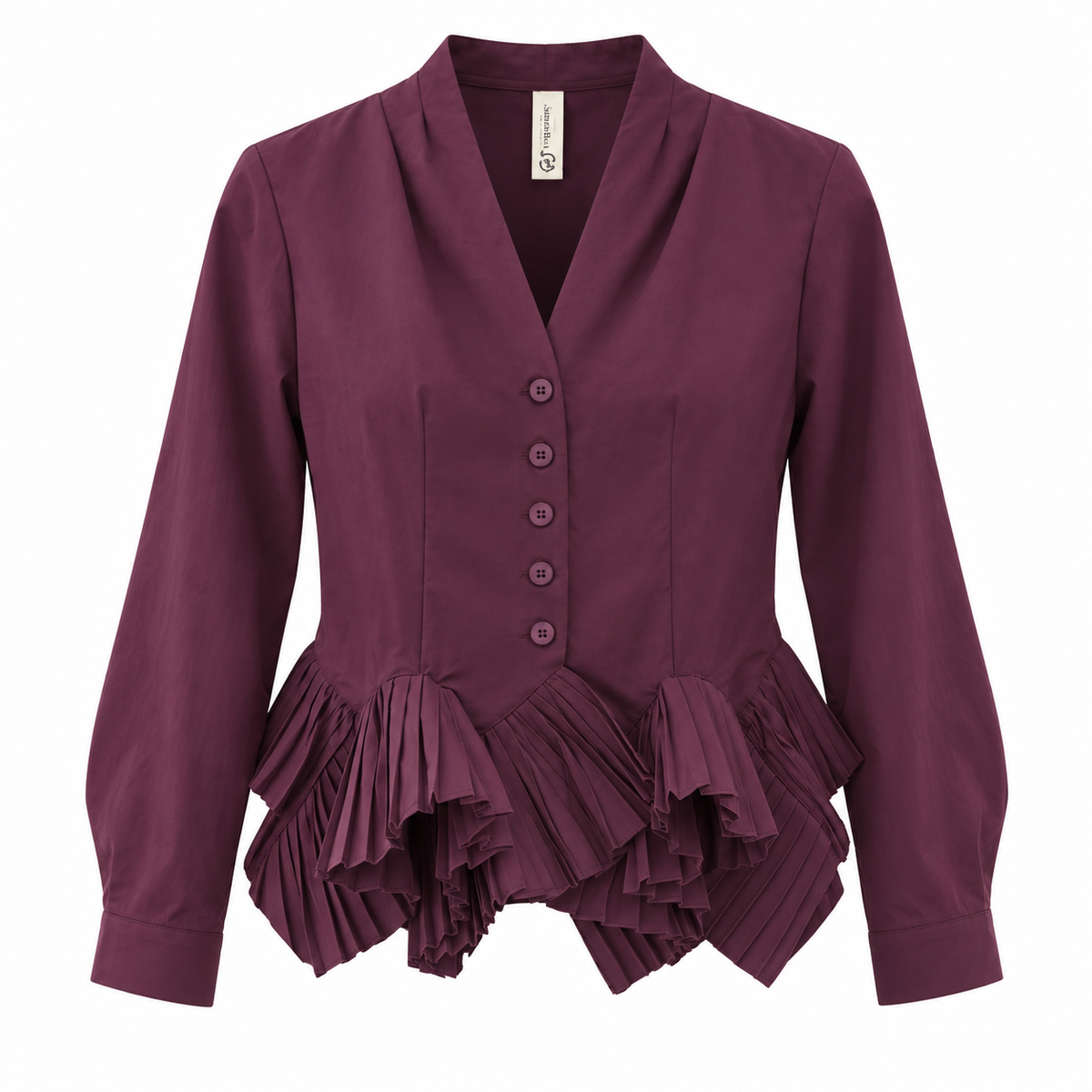 Pleated Hem Collarless Blouse