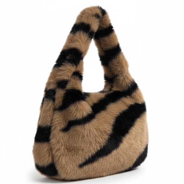 Camel and Brown Faux Fur Stripe Shoulder Bag with Crossbody Strap