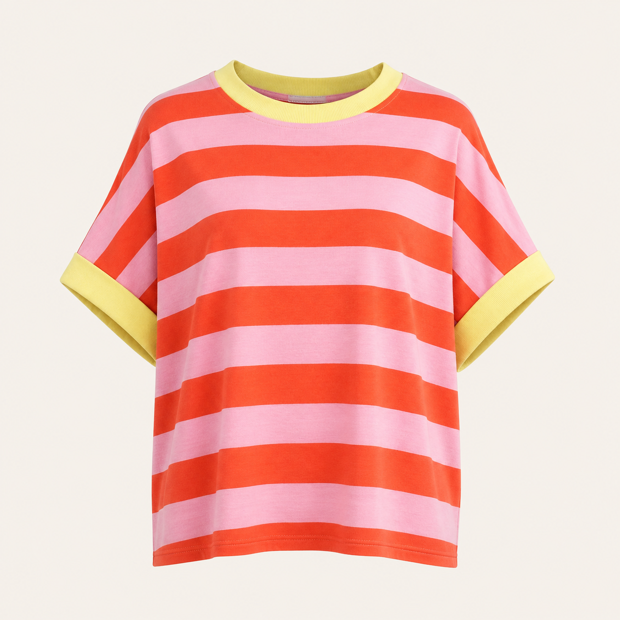 Orange/Yellow Stripe Short Sleeve T-Shirt with Pink Trim