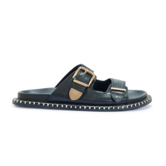 Black Footbed Sandal with Gold Buckles