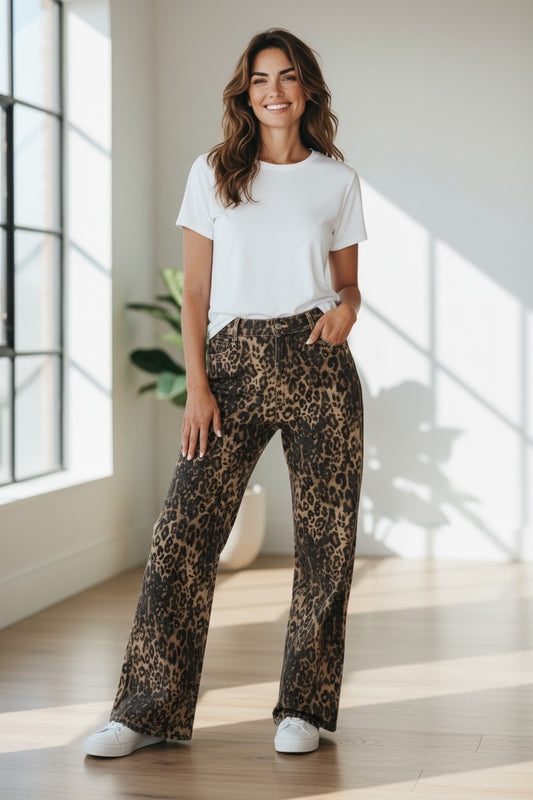 Wide Leg Leopard Print Jeans
