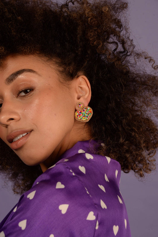 Multi Coloured Beaded Heart Earrings