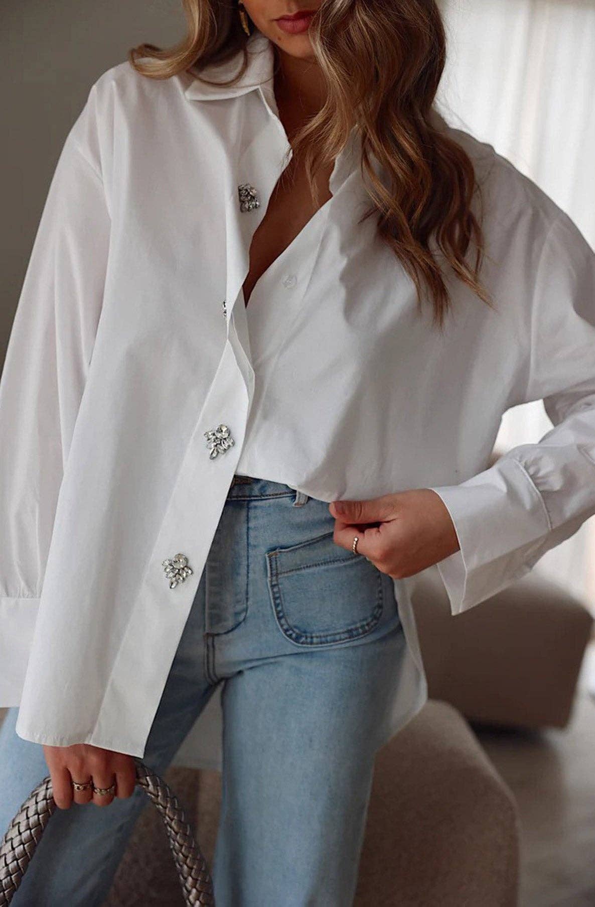White Cotton Shirt with Diamanté Detail
