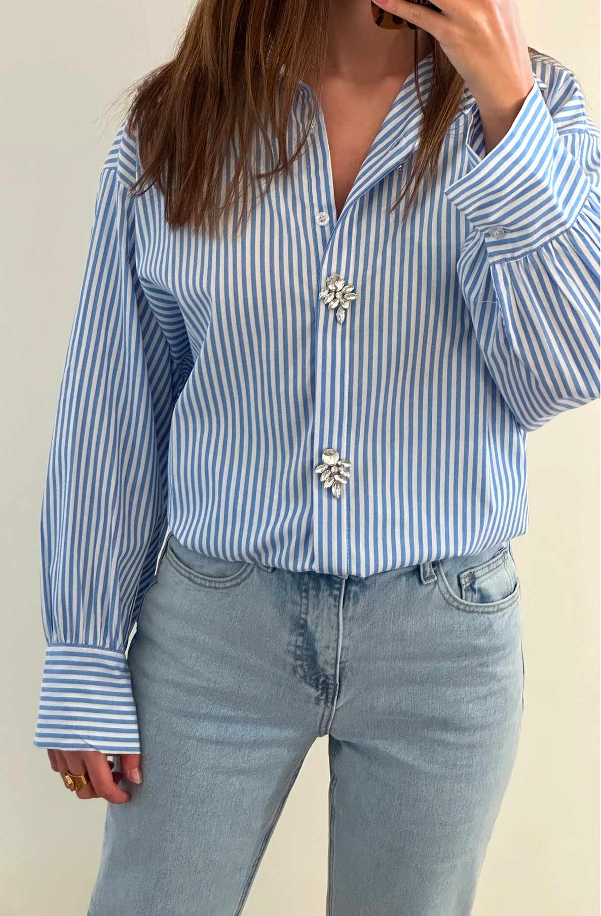 Blue Stripe Shirt with Diamanté Trim