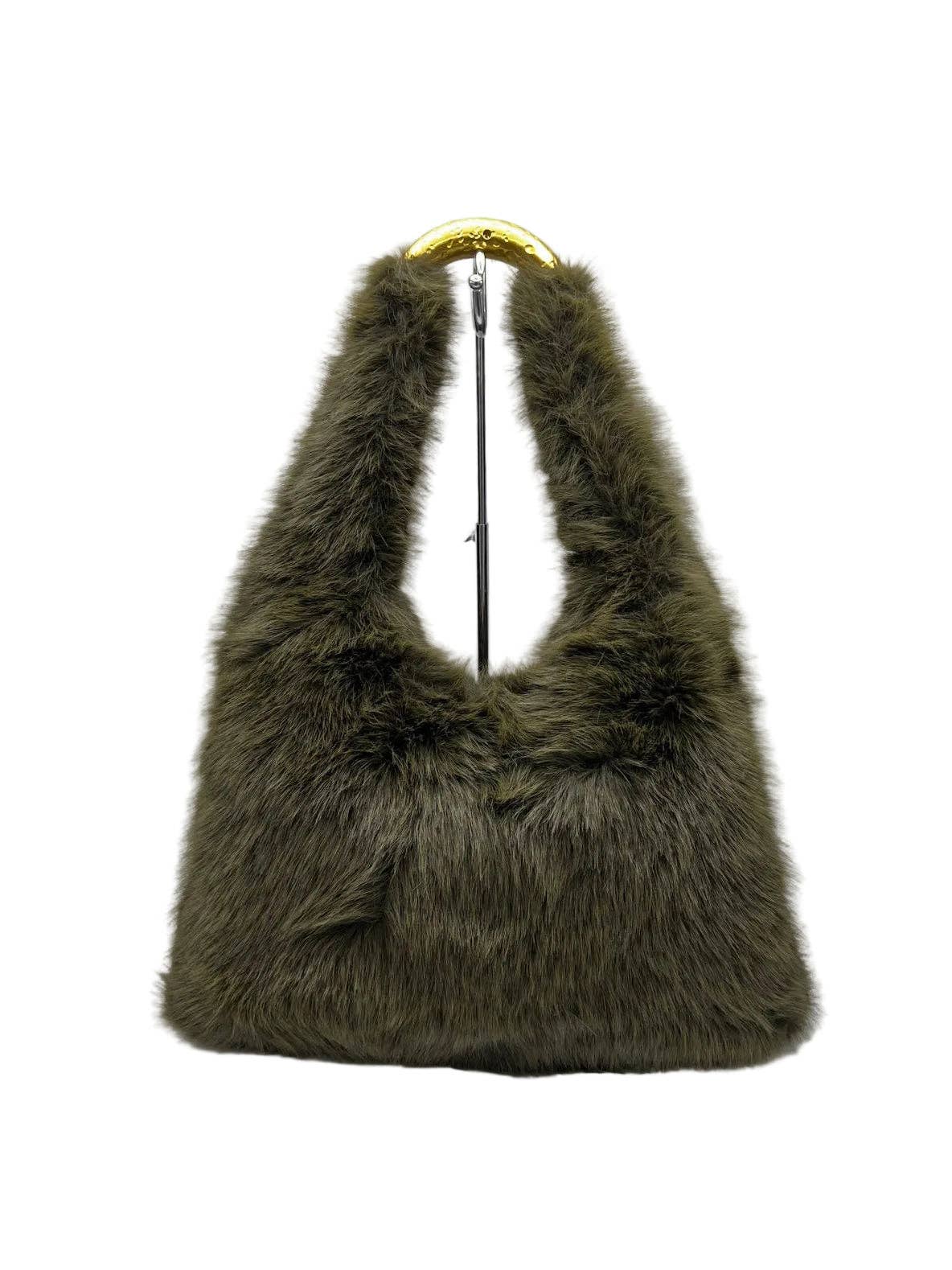 Olive Green Faux Fur Tote with Gold Strap Detail