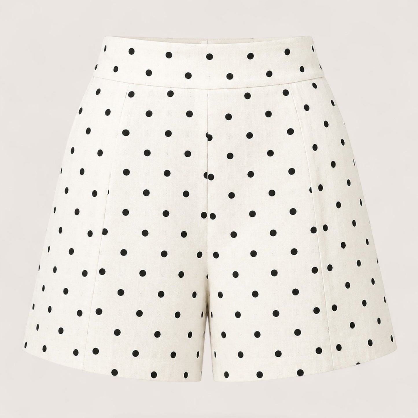 Feather & Sole white linen-blend shorts with black polka dots, featuring a high waist and tailored fit.