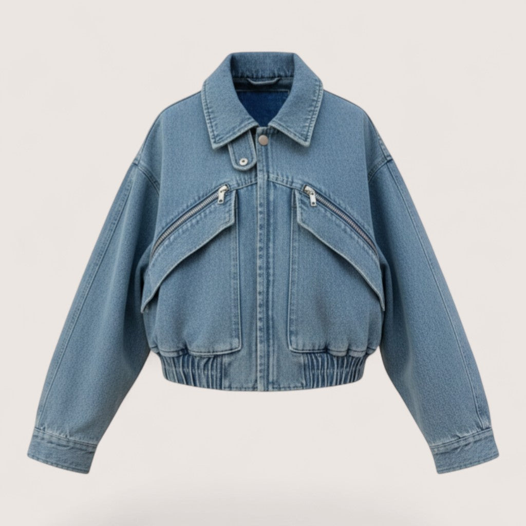 Feather & Sole light blue denim bomber jacket with zip closure, chest pockets, and elasticated hem.