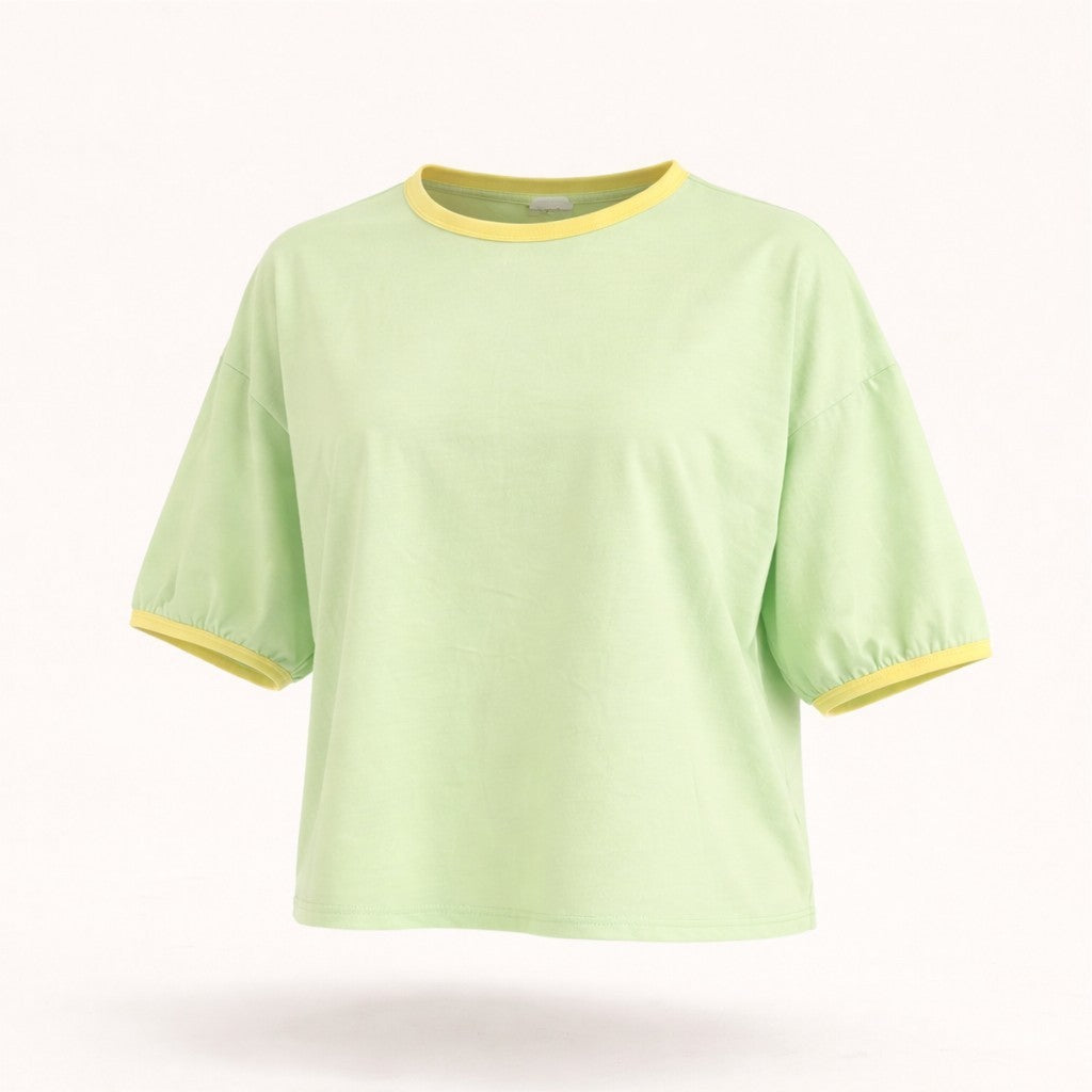 Feather & Sole light green cotton crew neck t-shirt with yellow trim and puff sleeves.