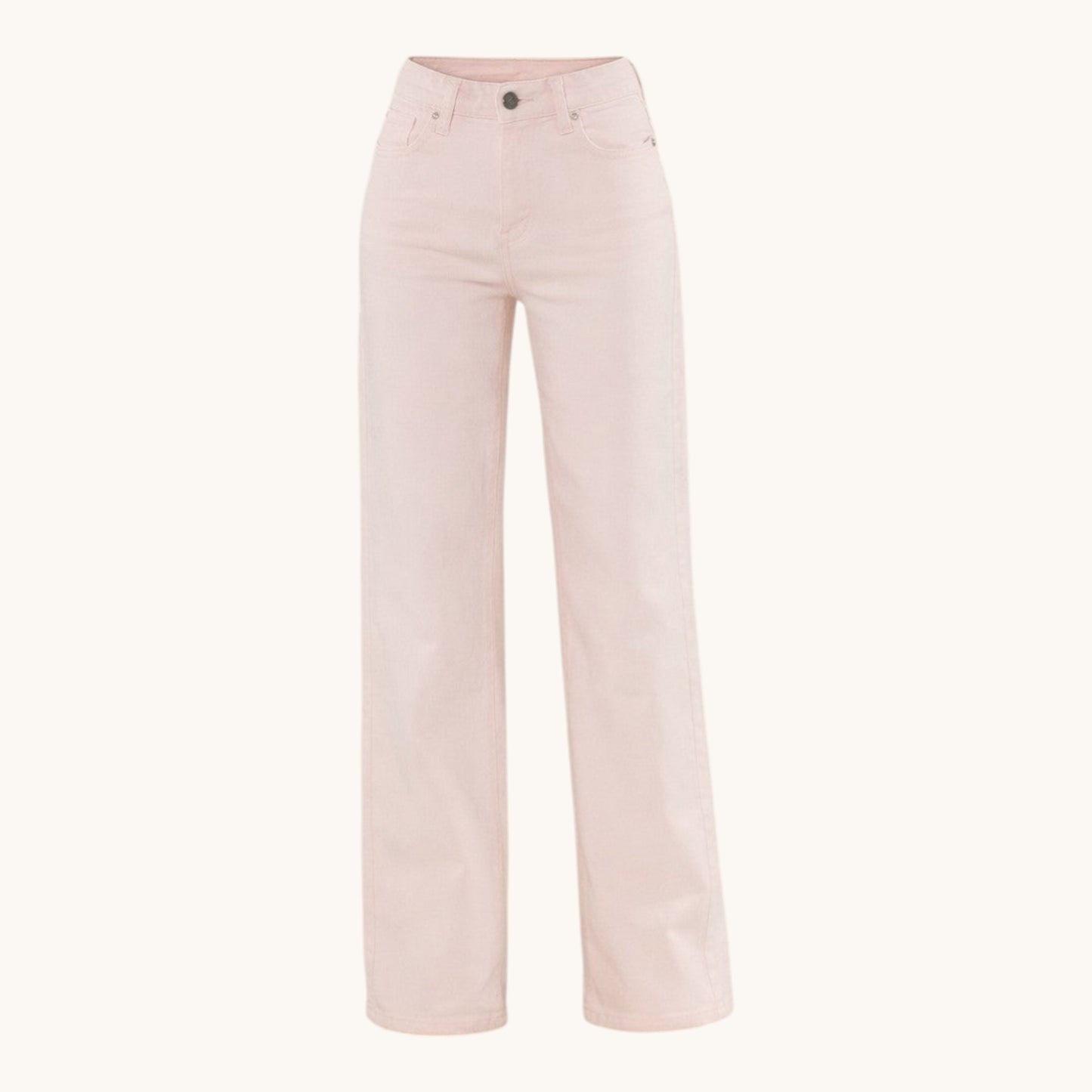 Feather & Sole blush pink denim wide-leg jeans with a high-rise waist and five-pocket design.