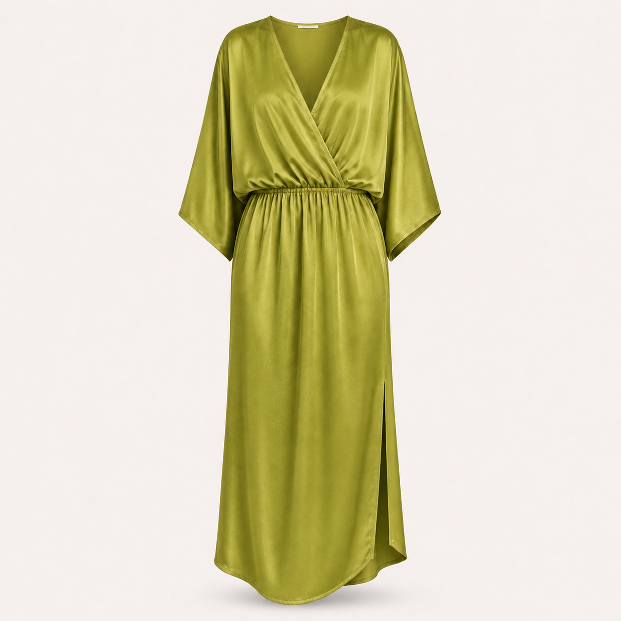 An olive green satin wrap maxi dress with wide draped sleeves and a gathered waist, shown against a plain light beige background.