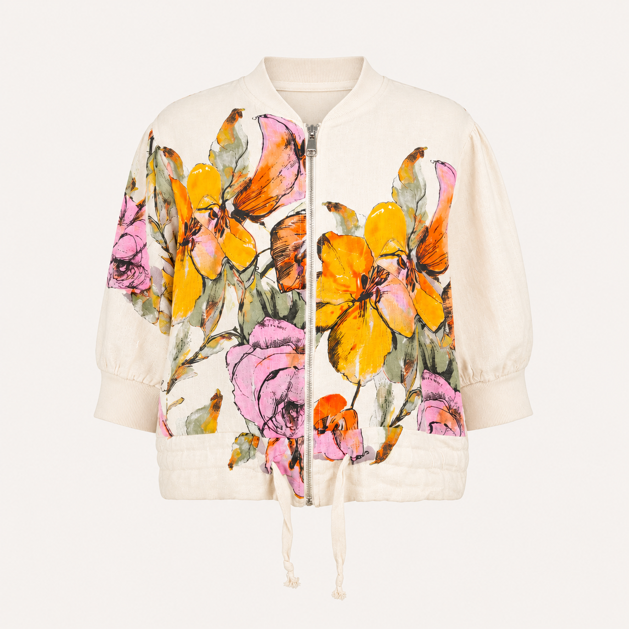 White Floral Printed Linen Bomber Jacket