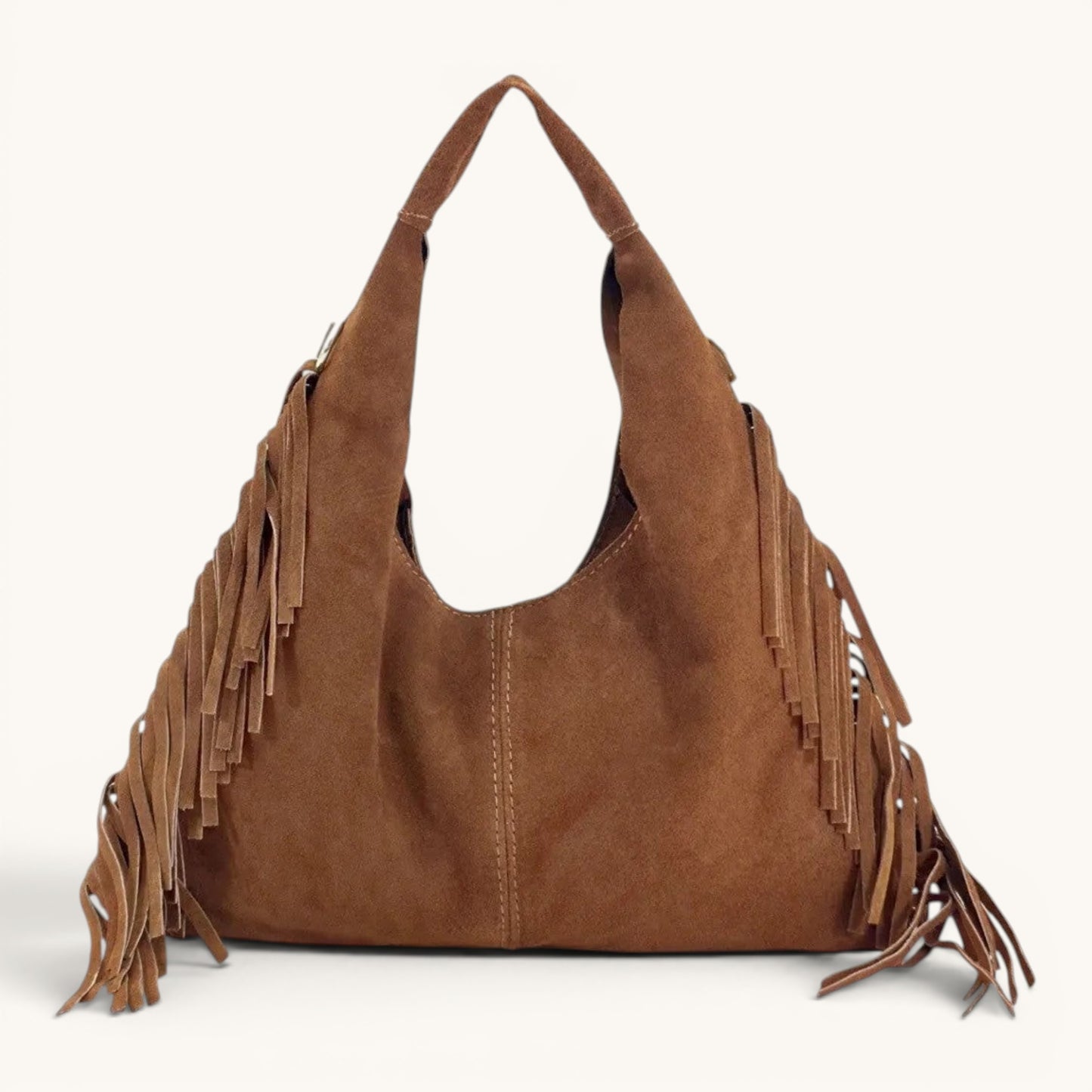 Feather & Sole brown suede hobo shoulder bag with cascading fringe detailing.