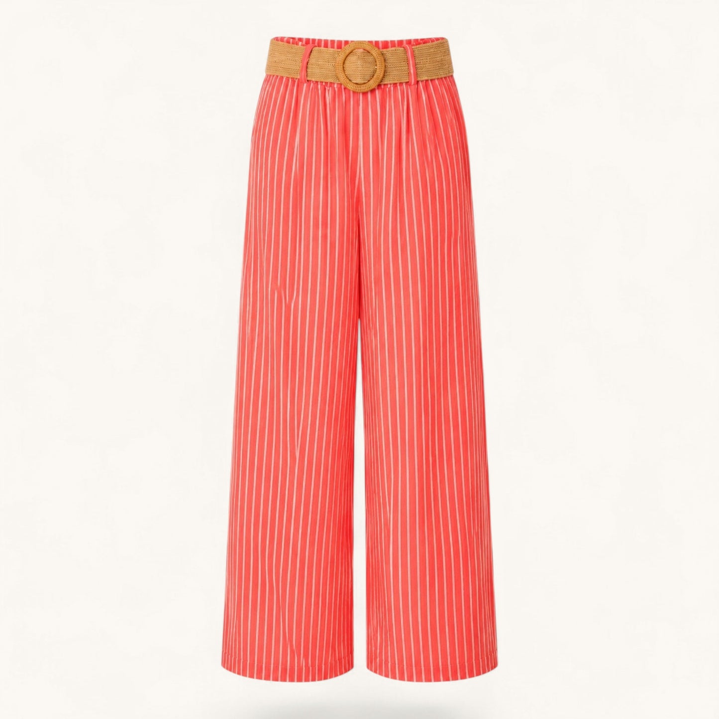 Feather & Sole coral high-waisted wide-leg trousers with white vertical stripes and a woven rattan buckle belt.