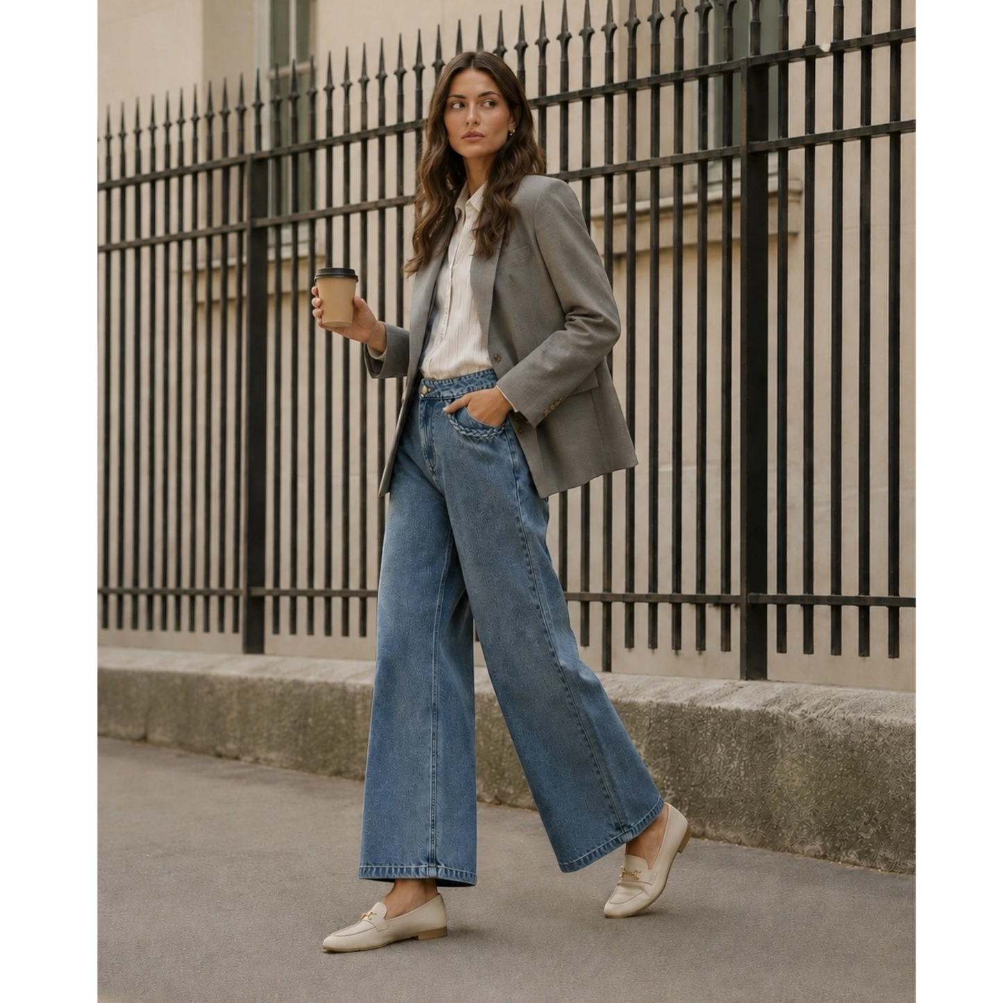 Feather & Sole Lydie vintage wash denim palazzo jeans with braided pocket detail worn by a woman.