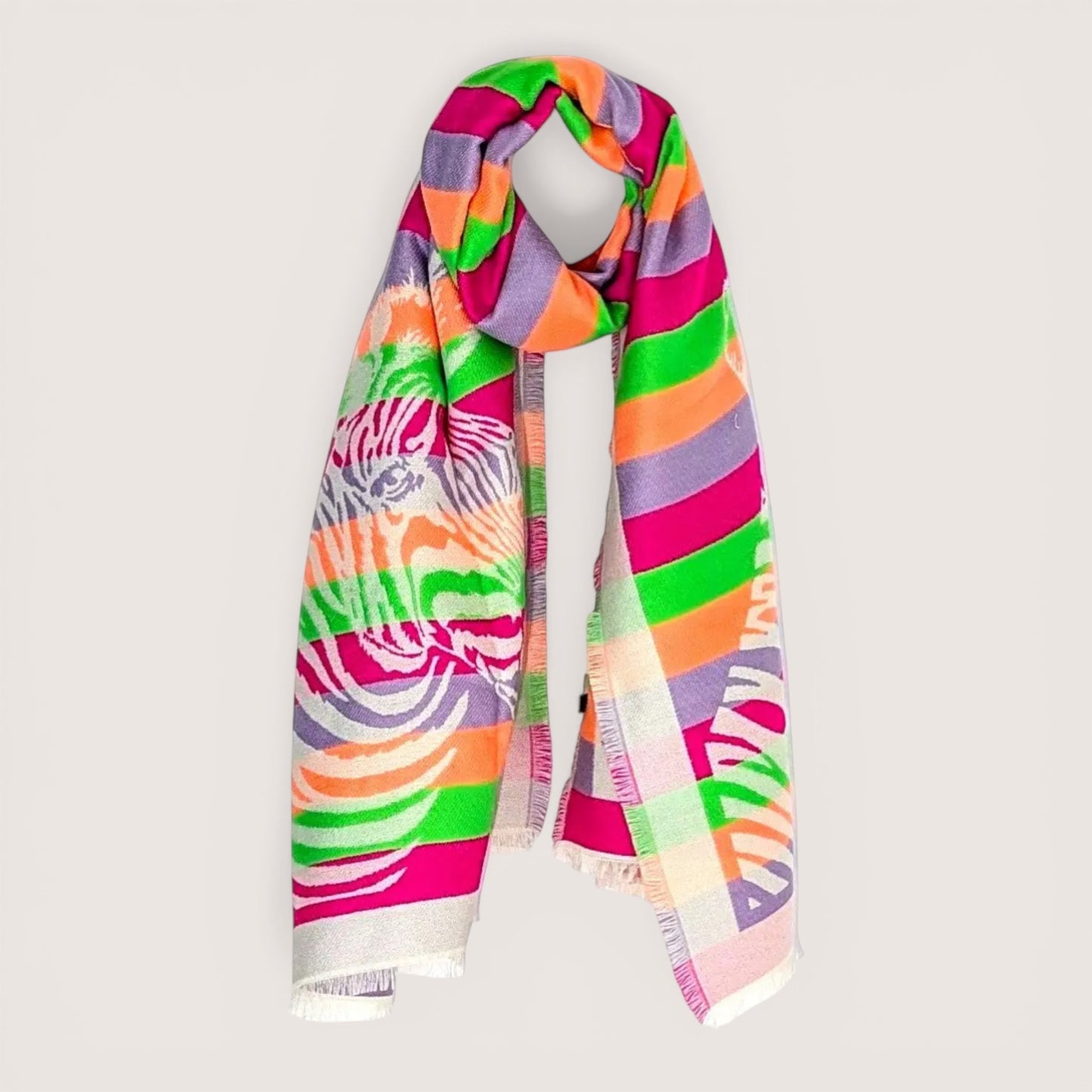 Feather & Sole neon zebra stripe scarf with bold pink, orange, green, and purple stripes and a zebra print detail.