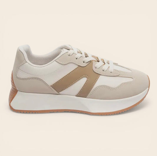 Feather & Sole neutral mix lace-up trainers with white and tan panels, white sole, and rubber outsole.