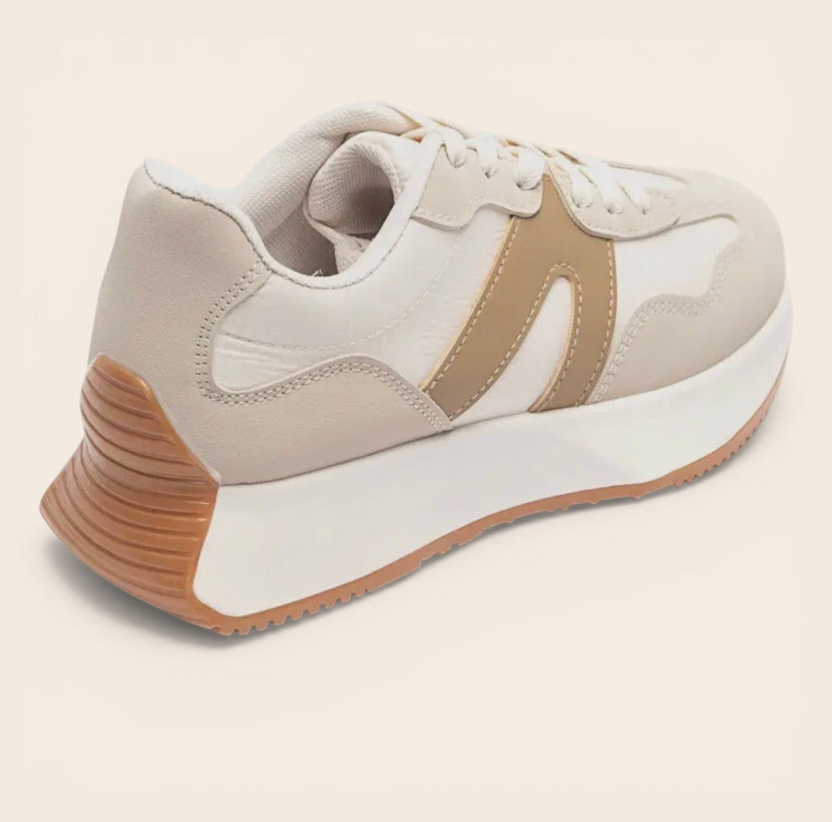 Feather & Sole neutral mix lace-up trainers with a thick white sole, beige and tan accents, and a textured brown heel.