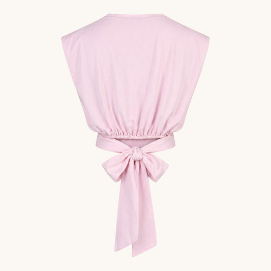 Feather & Sole pink cotton tie-back t-shirt with ruched waist and large bow detail.