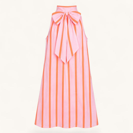 Feather & Sole sleeveless shift dress in pink and orange vertical stripes with a high neck and back-tie bow detail.