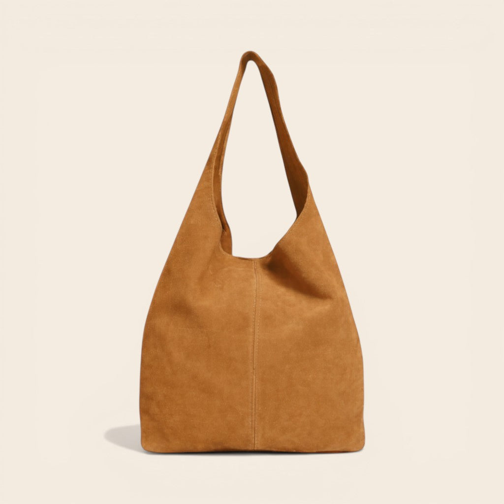 Feather & Sole tan suede hobo shoulder bag with magnet closure and inner purse, made in Italy.