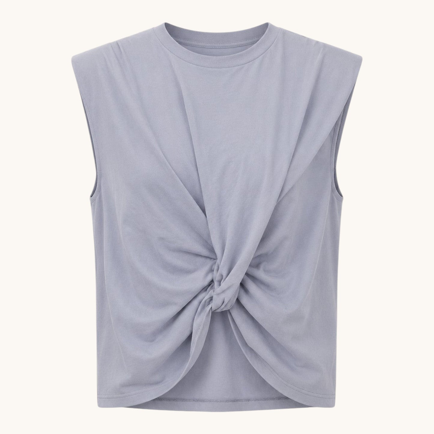 Feather & Sole light blue cotton sleeveless top with twisted front detail and padded shoulders.