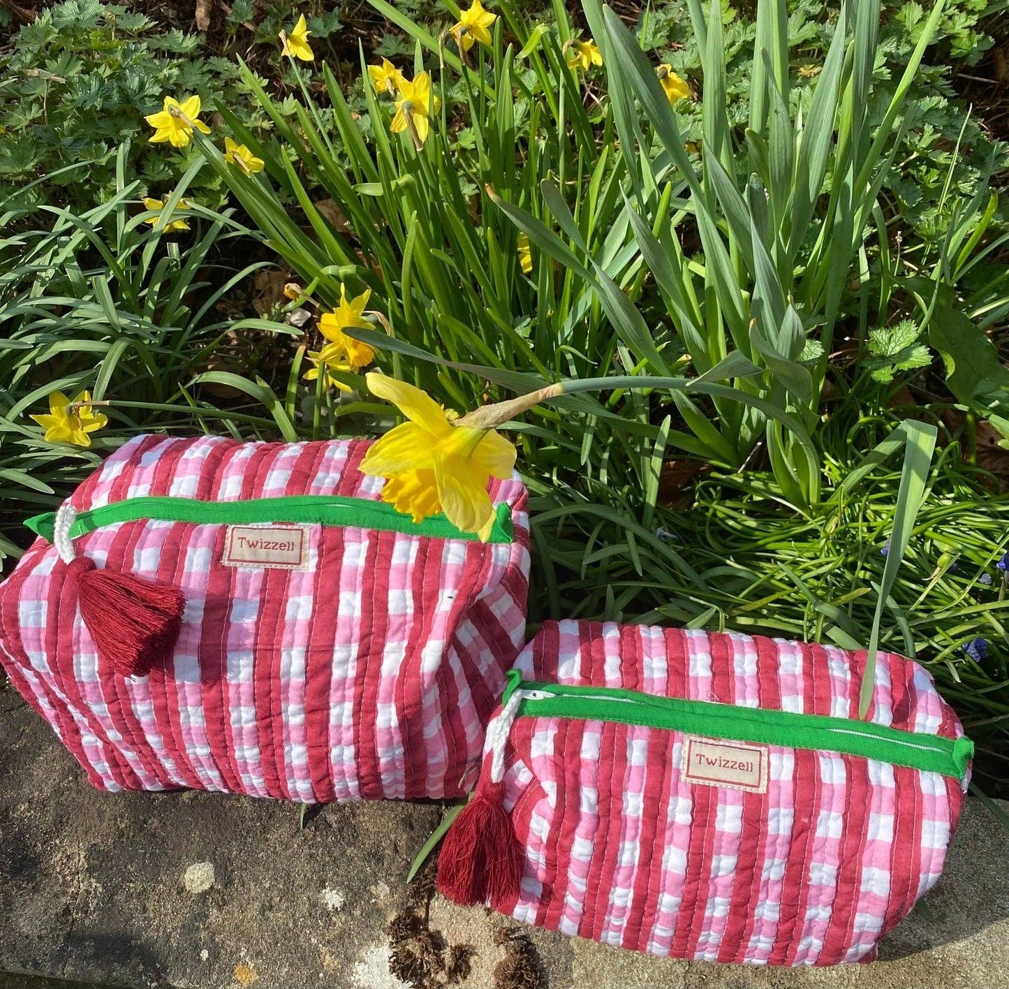 Quilted Wash Bag - Red and Pink Gingham: Large