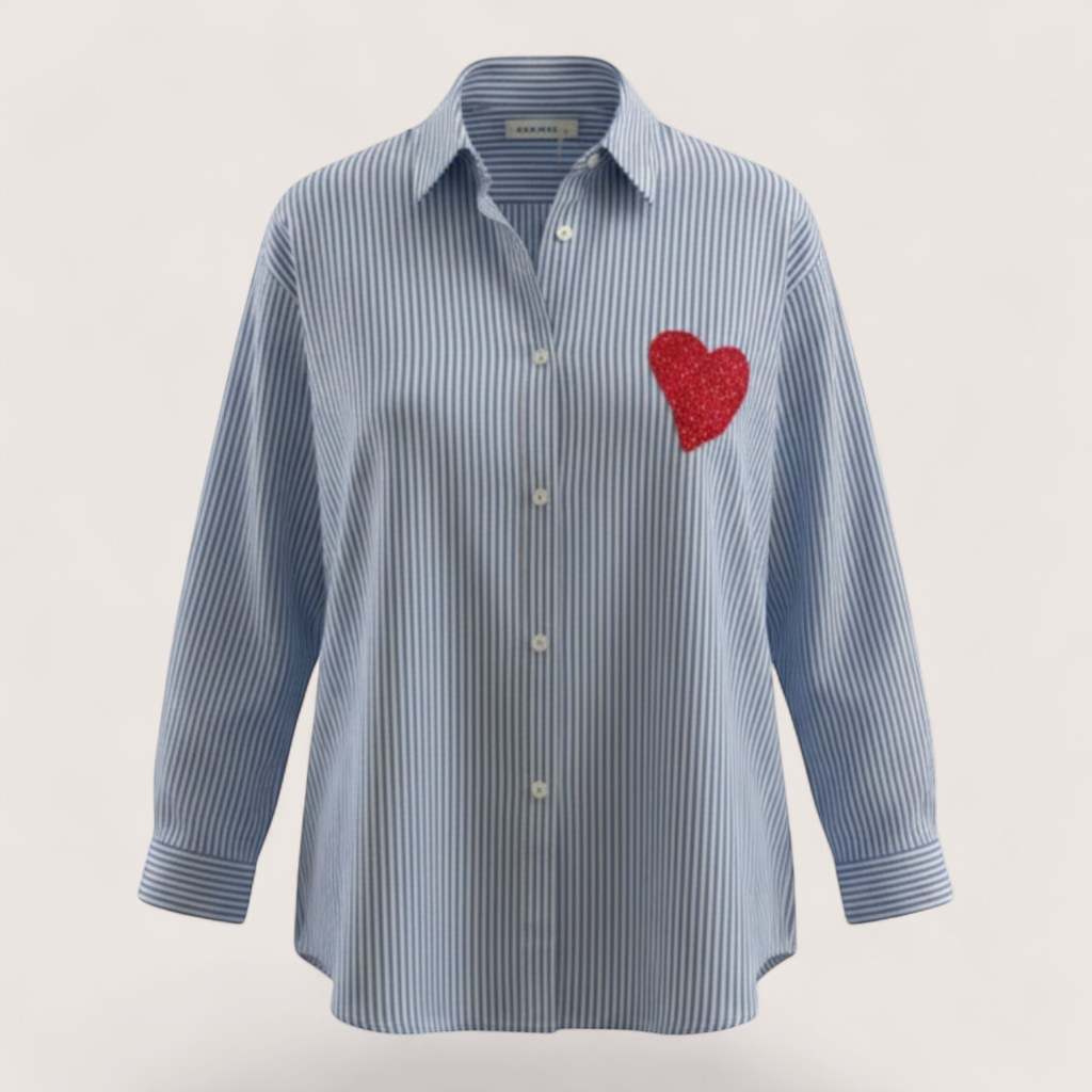 Feather & Sole blue and white striped cotton shirt with red embroidered heart on chest and embroidered slogan on back.