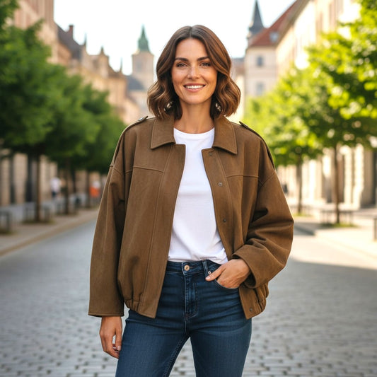 Brown Faux Suede Bomber Style Jacket