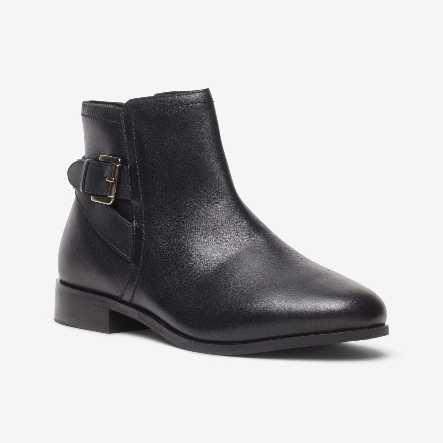 Side view of wide fit leather ankle boot with strap and buckle detail