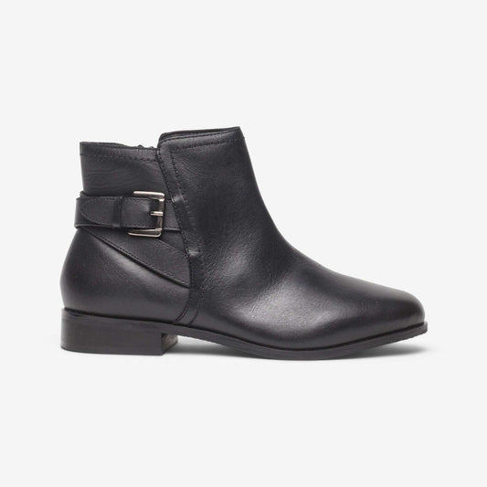 Side view of wide fit leather ankle boot with strap and buckle detail